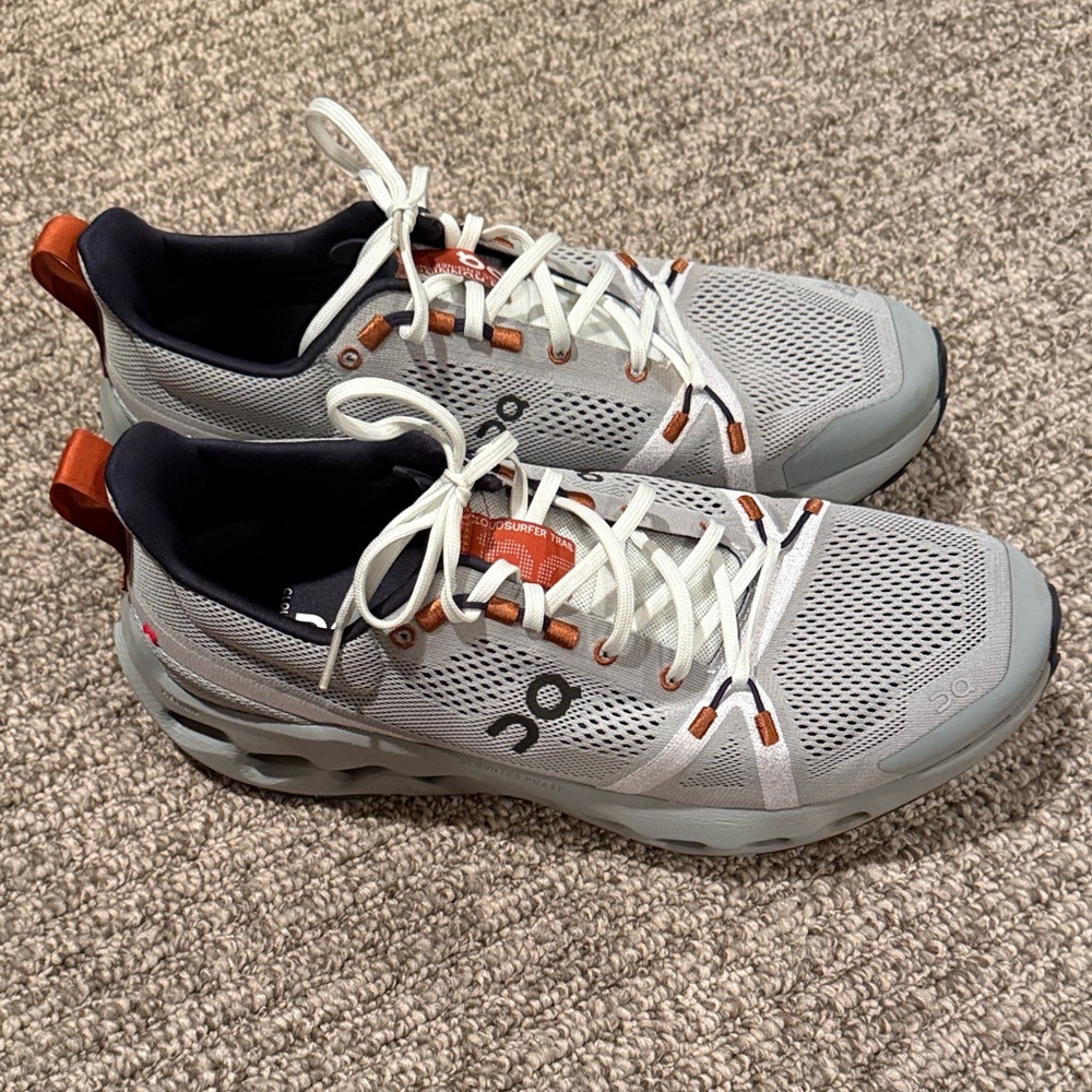 On Cloudsurfer Trail Men's White and Gray Athletic Shoes